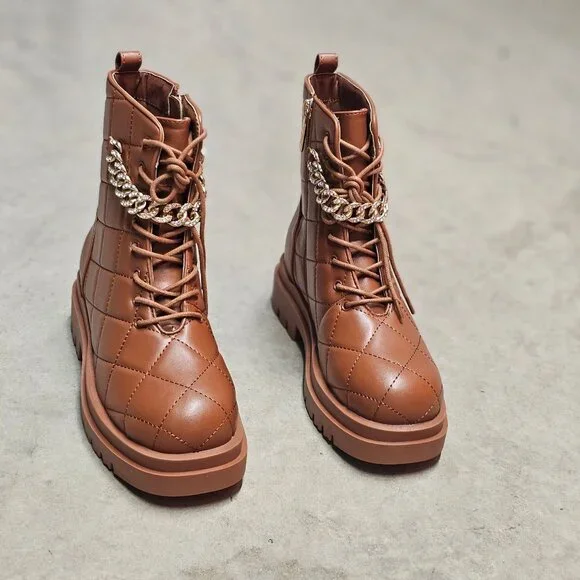 Quilted Faux Leather Lace-Up Combat Boots With Gold Chain Accent - Brown - Picture 3 of 11